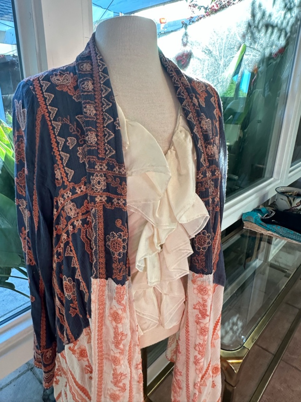 Sundance Navy Blue Embroidered Kimono Cardigan with Rust Accents